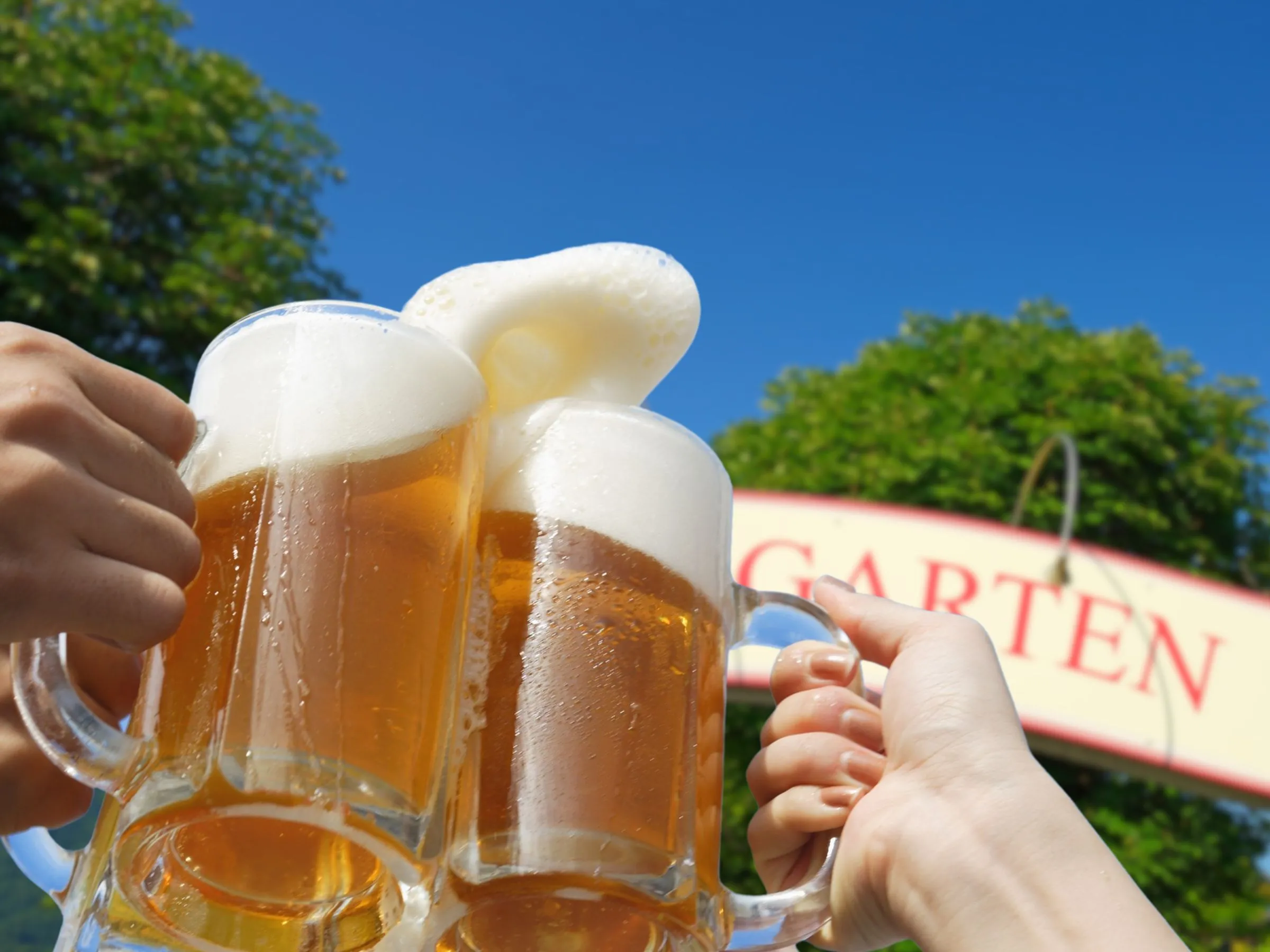 Cold Oktoberfest beers raised in a toast