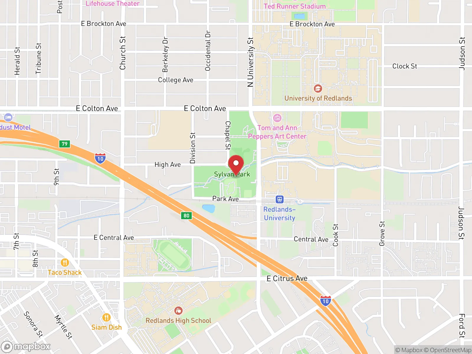 Map showing Sylvan Park at 601 N University St, Redlands